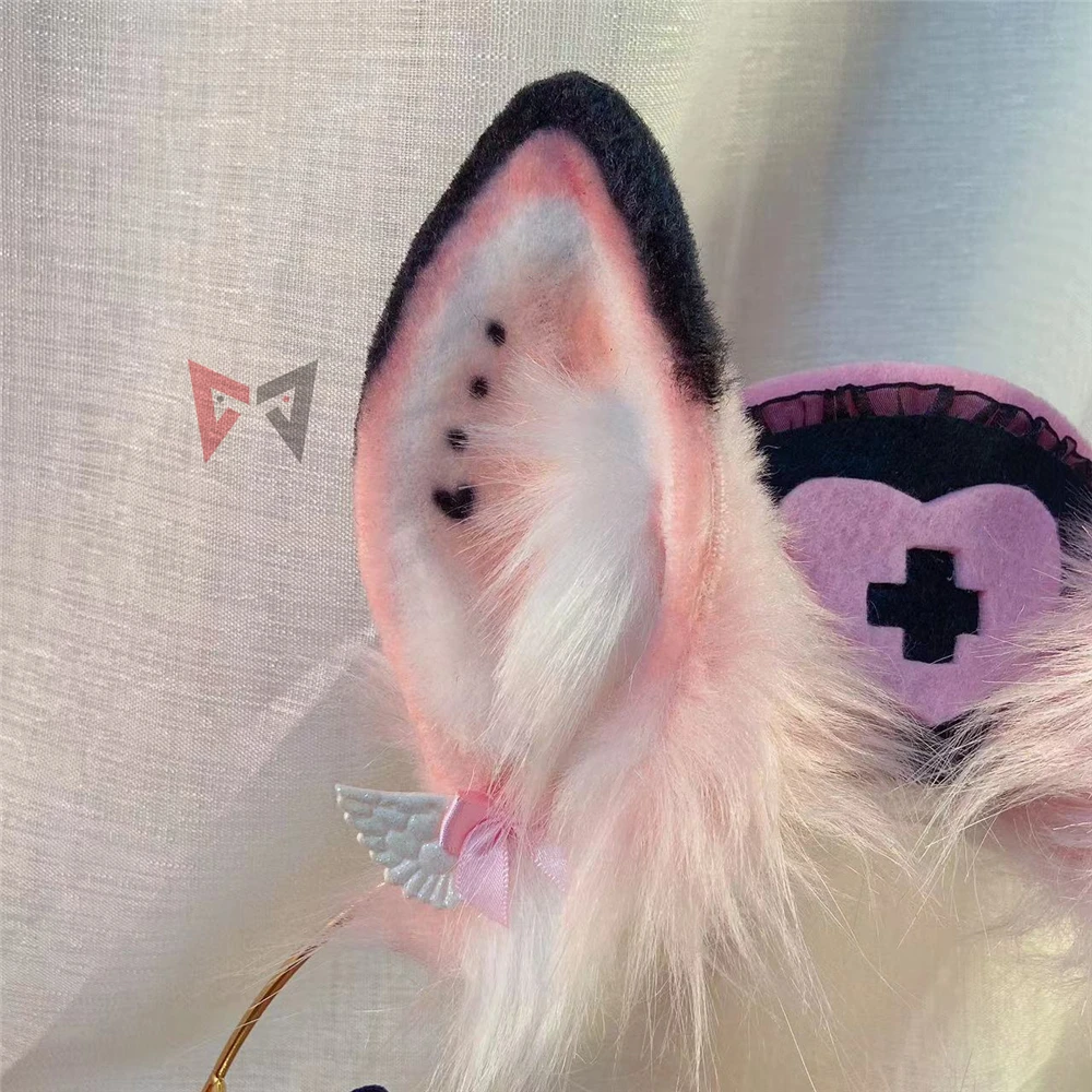 New Handmade Work Pink Bunny Rabbit Ears Hairhoop Nurse Hat Tail Necklace Earrings Cosplay Lolita Acessories Headwear