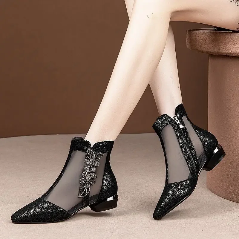 FHANCHU Women Sandals Boots,Mid Heel Summer Mesh Shoes,Soft Ankle Botas,Rhinestone,Pointed Toe,Side Zip,Black,Blue,Dropship