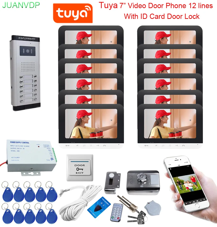 Tuya 7Inches Wifi Monitor Home Intercom with Rfid Access Control Lock Call 12 Buttons Video Door Phone for 12 Lines Apartments