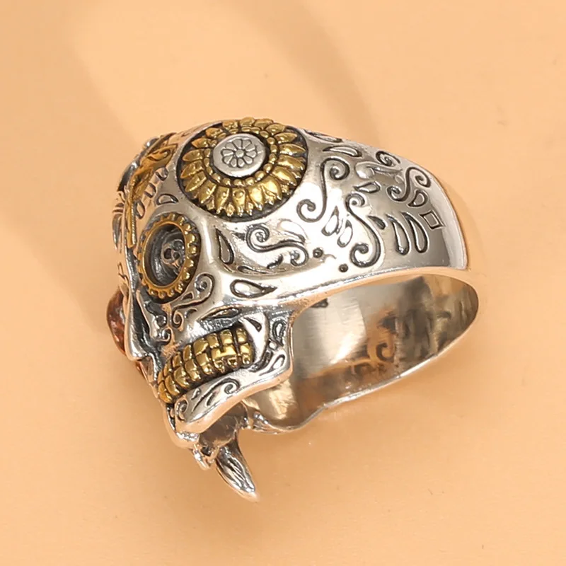 S925 sterling silver punk Thai silver vintage double-sided Half Skull Half Goddess Ring Factory wholesale silver jewelry