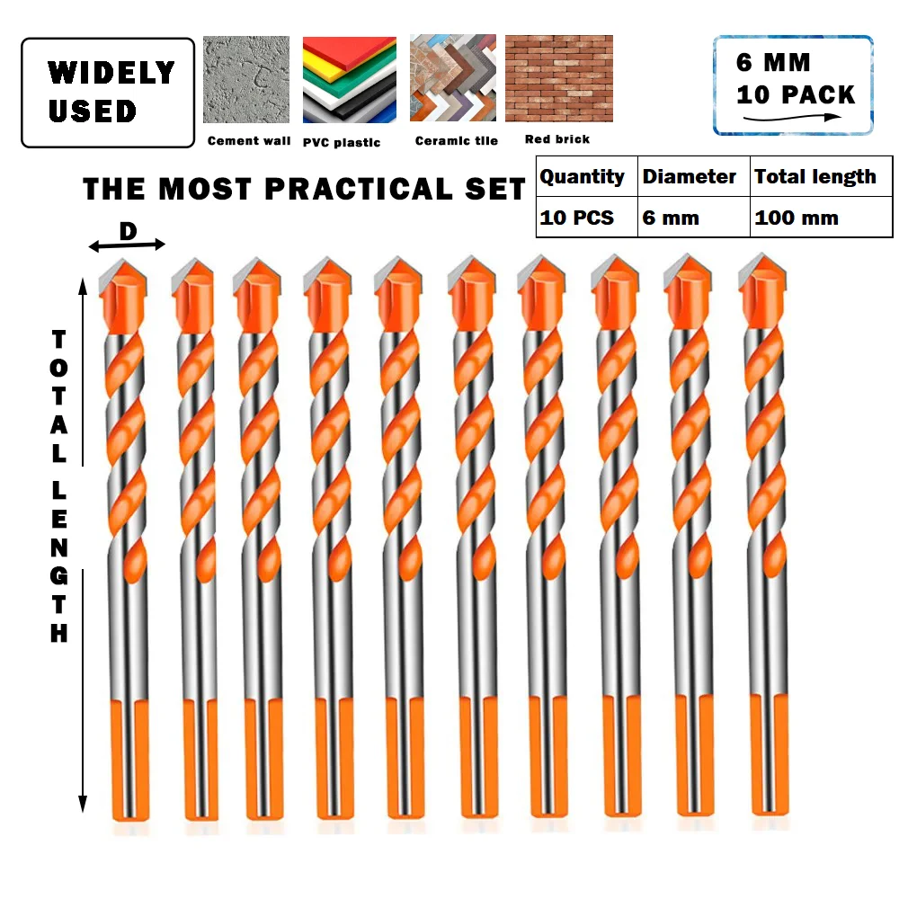 Steinbohrer-Set für Fliesen, Ziegel, Zement, Beton, Glas, Kunststoff, Schleuderblock, Holz, verchromt, Orange (5/10er-Pack) – Detail 7