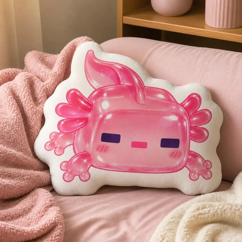 Pink Kawaii Axolotl Shaped Pillow Glossy Jelly Cartoon Cushion Stuffed Throw Pillow for Sofa Home Decor Gift for Kids Teens