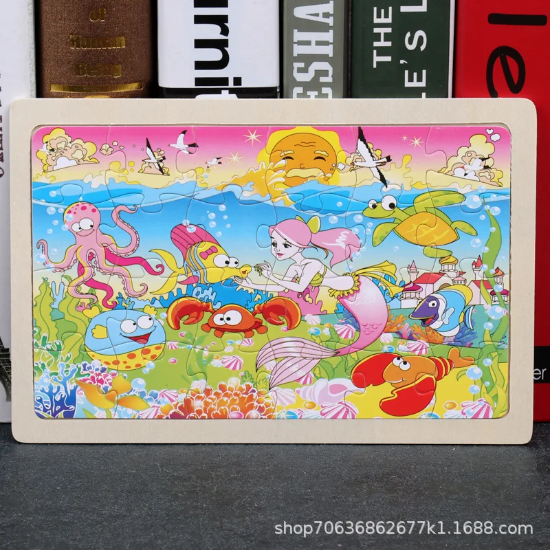 Puzzle in legno da 24 pezzi con cornice per tronchi, puzzle aereo per cartoni animati con animali per bambini, giocattoli educativi in legno per la prima educazione