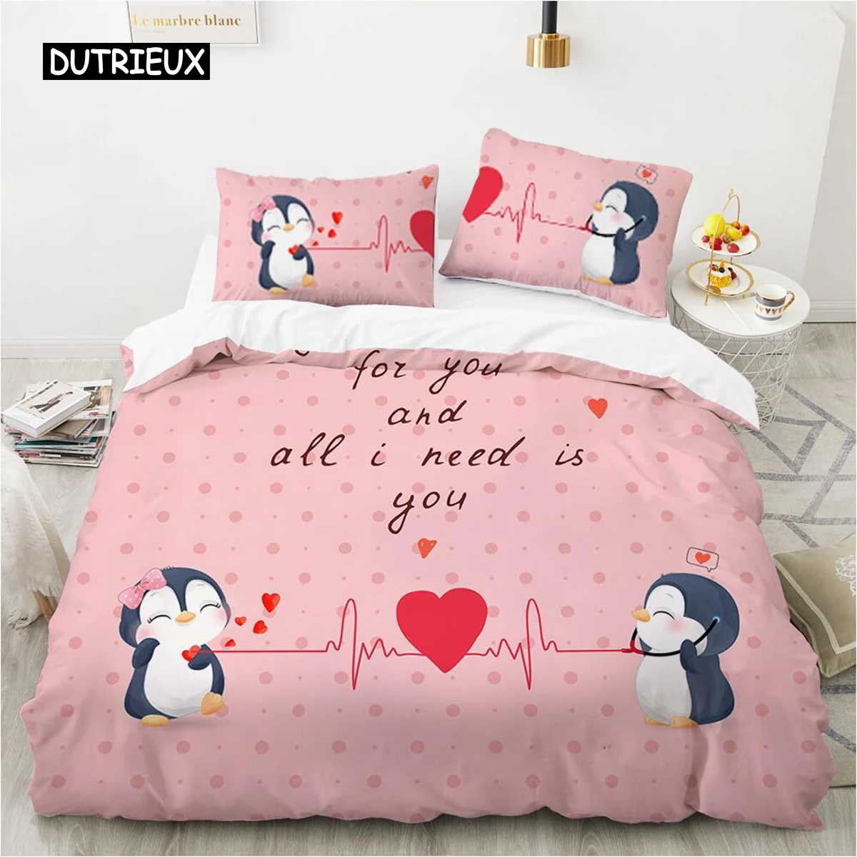 Cartoon Animal Duvet Cover Set Queen Size Lovely Heart Penguin Bedding Set for Kids Baby All I Need Is You Polyester Quilt Cover