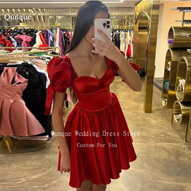 

Qunque Plus Size Elegant Short Prom Dress Puff Sleeves Sweetheart Pleat Vestidos De Fiesta Customized Mini Homecoming Dresses