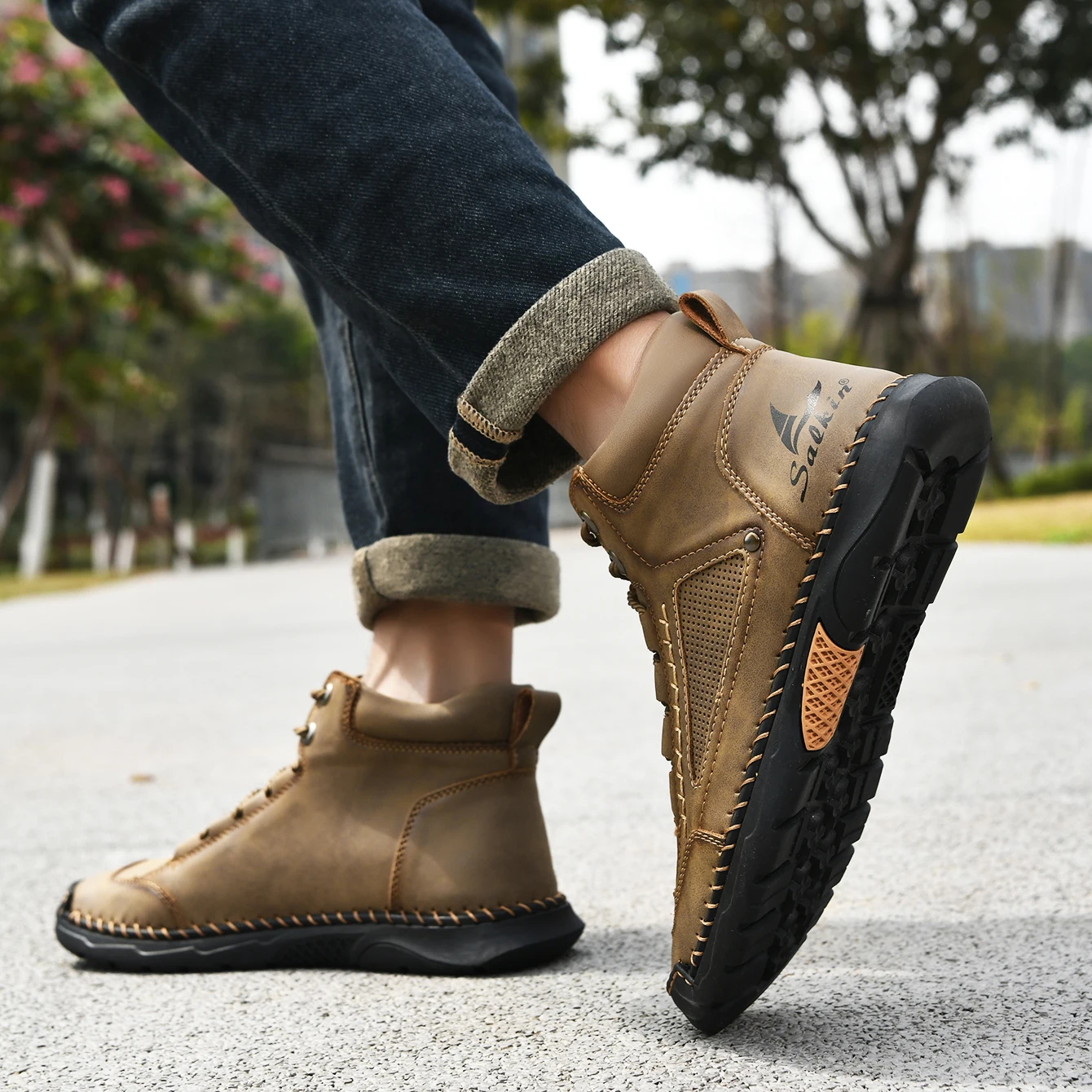 جديد خياطة يدوية أحذية من الجلد غير رسمية الرجال الأحذية في الهواء الطلق الخريف الرجعية حذاء كاجوال بفتحات تهوية الدانتيل يصل الكاكي حذاء من الجلد الشتاء