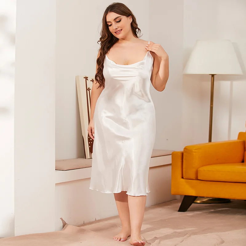 3XL Big Size Sexy Strap Nightdress Nightwear Loungewear Nighty Gown Nightgown Women Sleepwear Summer Silky Satin Home Dress