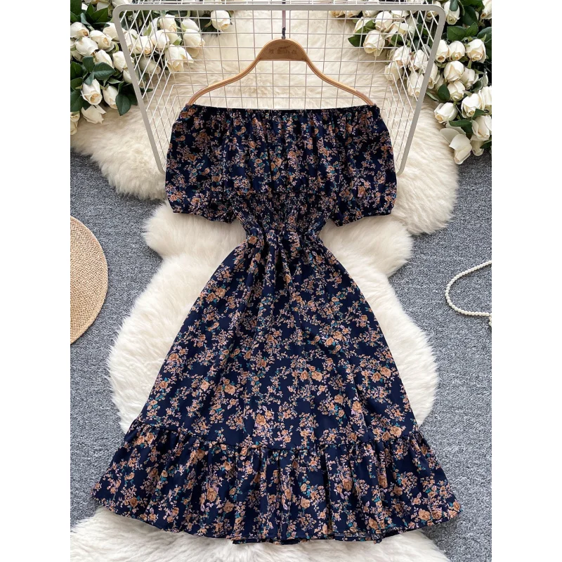 Boho women summer sexy off shoulder floral print short dress vintage elastic waist ruffles vestido de festa beach a-line dress