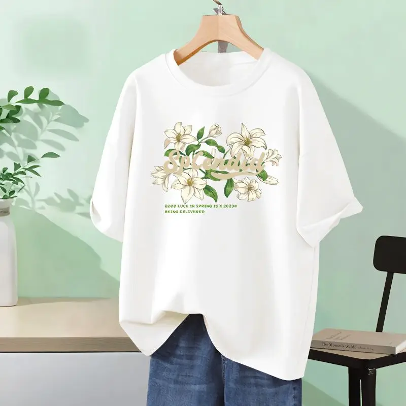 

Women's Printed High Quality Cotton T-shirt Summer Loose Casual Short Sleeve Top Tees Basics Chic Y2k Pullovers