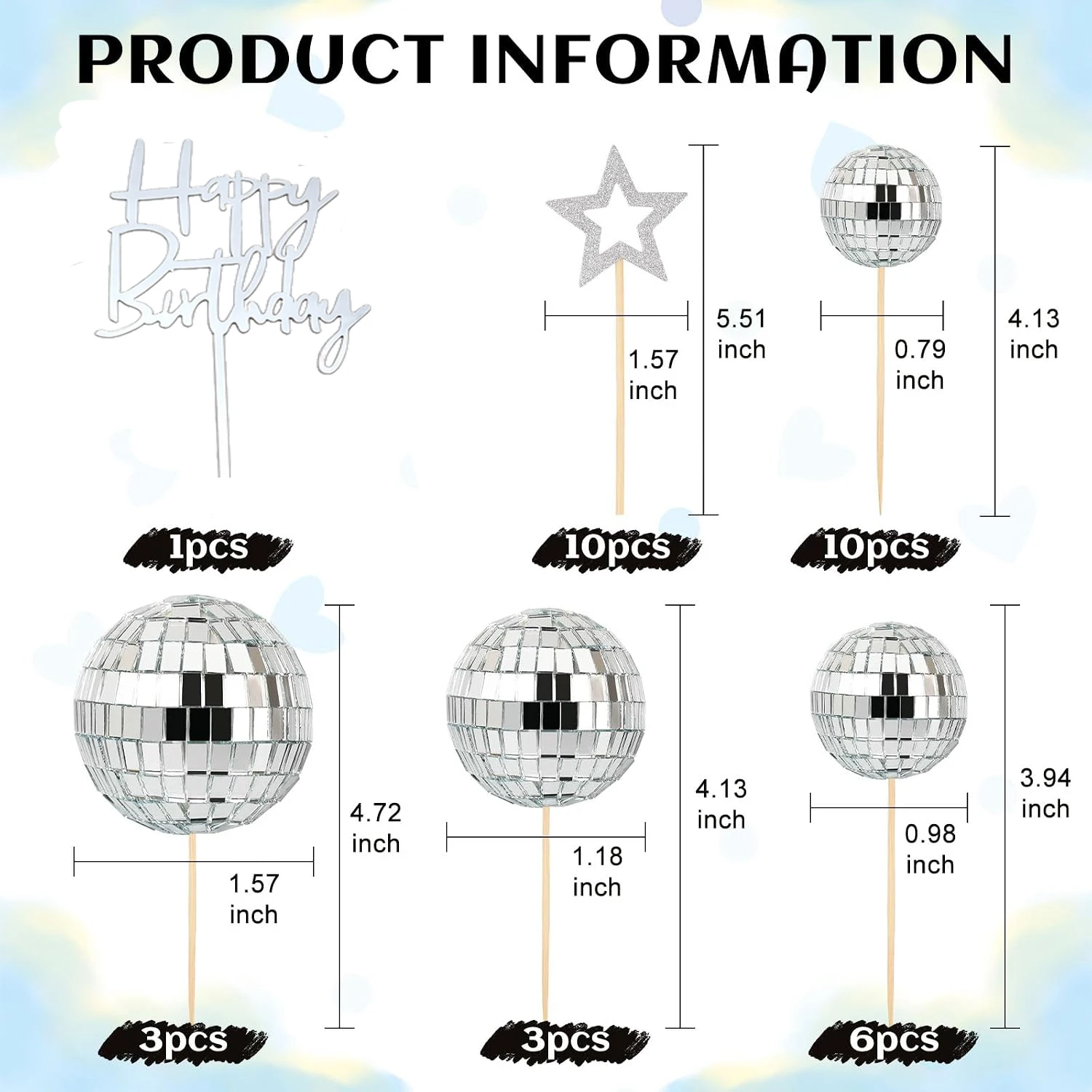 33pcs Disco Silver Ball Cake Topper Happy Birthday Insert Mirror Ball Cake Decorations for 1970s Party Birthday Wedding Baby Sho