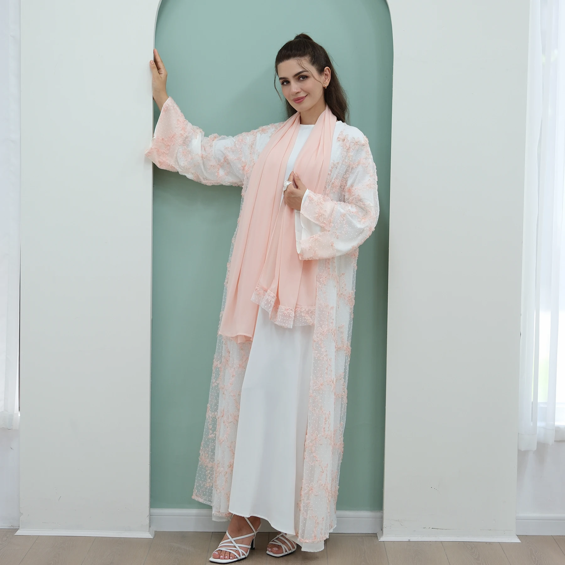 

Летний комплект Sweet Hijabi Abaya с 3D цветами, прозрачное кимоно Абая и простое внутреннее платье, вечерние костюмы для Рамадана Ид, мусульманские женские костюмы
