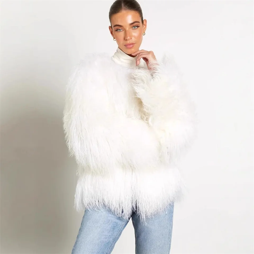 سترة نسائية من الفرو الصناعي 2025 معاطف جديدة من الصوف المنغولي المقلد معاطف نسائية قطيفة فروي بياقة مستديرة معطف نسائي معطف شتوي