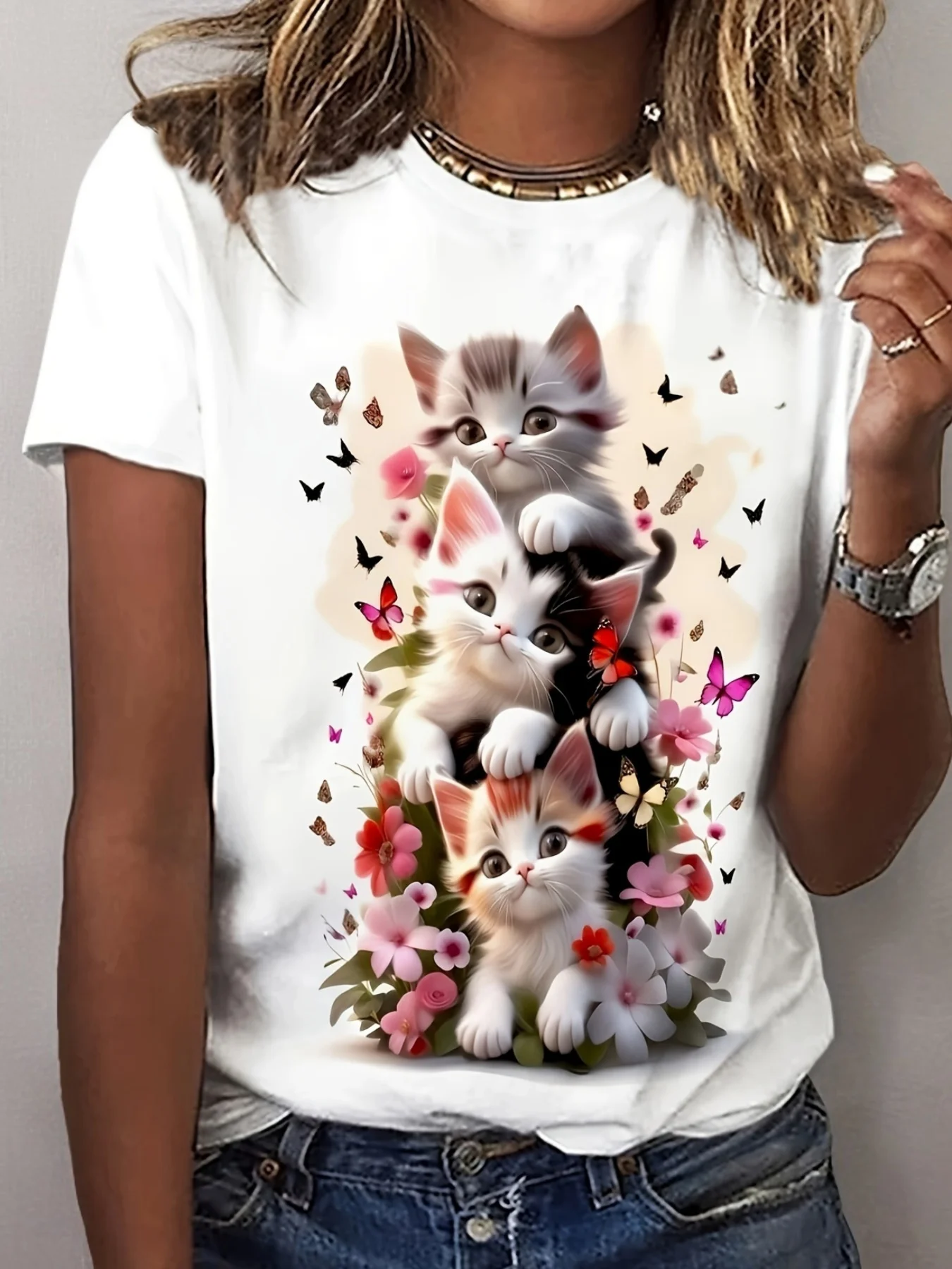 T-Shirt imprimé chat mignon pour femmes, grande taille, doux, manches courtes, col rond, avec chaton vibrant, imprimé Floral, haut décontracté