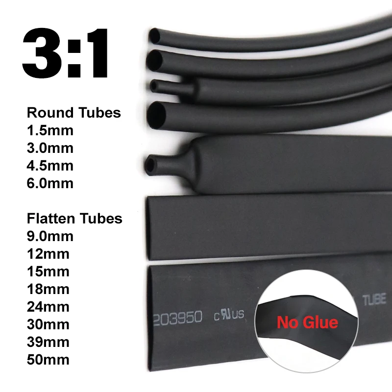 1/2/3/5M No Glue Heat Shrink Tube 1.6-50mm Black Polyolefin Insulated Waterproof Protection Cable Sleeve