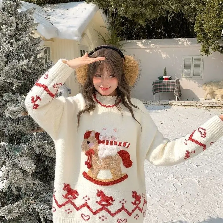 

Японский свитер в сладком стиле контрастных цветов для женщин, свободный свитер с мультяшной вышивкой в новогоднем стиле, зимний.