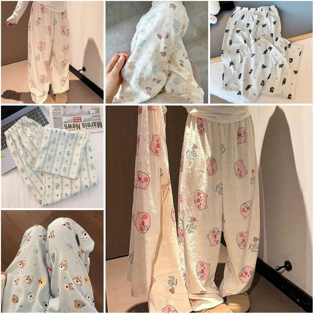 New Cartoon Print Long Pants Wide Leg Loose Sleep Bottoms High Waist Casual Home Pants Summer