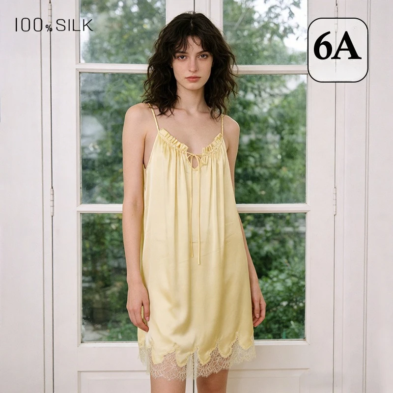 

2026 Summer Collection Women's 100% Mulberry Silk Nightdress Elegant Fungus Edge Sexy Suspender Loungewear Skirt Nightgown XXL