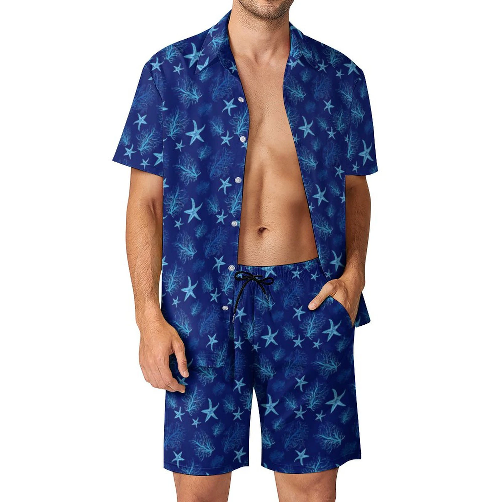 Conjuntos de camisa con estampado 3D de estrella de mar para hombre, camisa de manga corta, pantalones cortos de playa de gran tamaño, ropa de calle, trajes hawaianos, ropa de verano