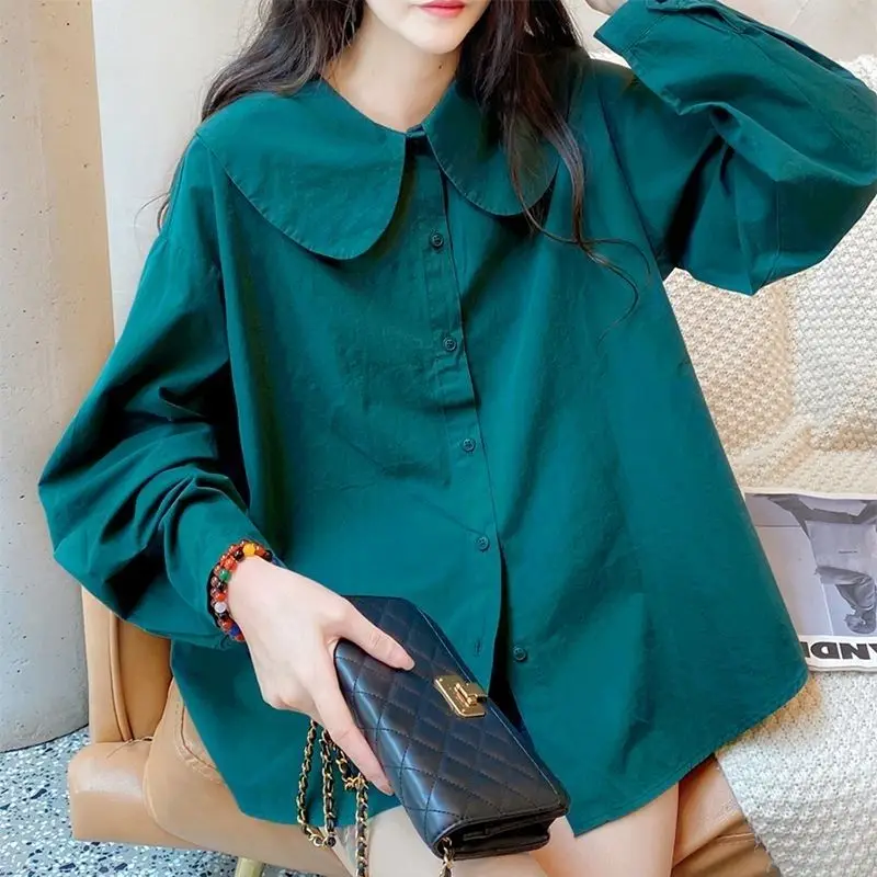

plus Size Long Sve Casual irt Korean Sle Pure Color Button up ex Spring Autumn Loose Fit Doll Collar irt