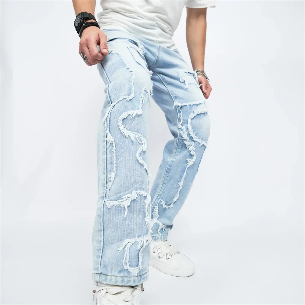 Hip Hop Streetwear Men's Regular Fit Stacked Jeans Ripped Slim Fit Patch Distressed Destroyed Straight Denim Pants 2024 XS-2XL