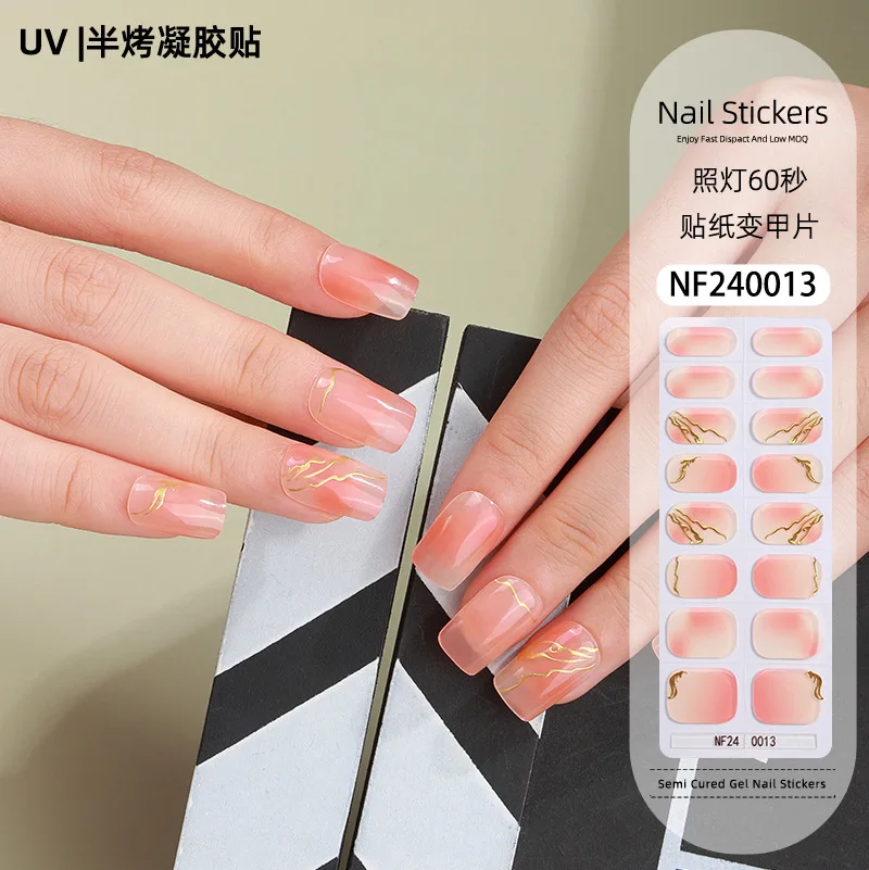 16Tips UV Semi Cured Gel Nail Strips French Tip Marble Gel Nail Stickers Half Roasted DIY Long-lasting Semi-Cured Gel Nail Kits