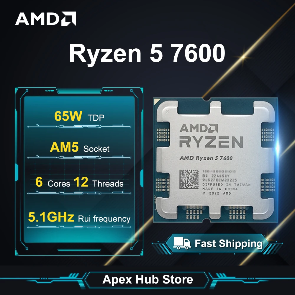 AMD Ryzen 5 7600 3.8GHz 6-Core 12-Thread L3=32M 5NM DDR5 R5 7600 Processor 65W Socket AM5 No Fan