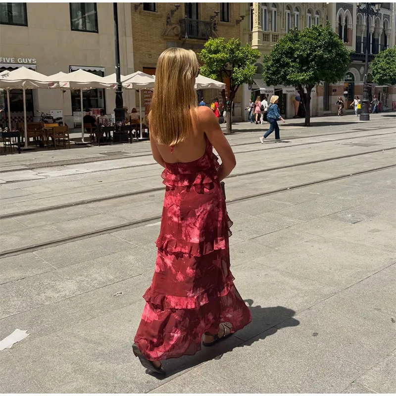Damen Patchwork Trägerloses Maxikleid Ärmellos mit Rüschensaum und Schal Schnürkleider 2026 Sommer Elegantes Abendkleid für Damen – Detail 26