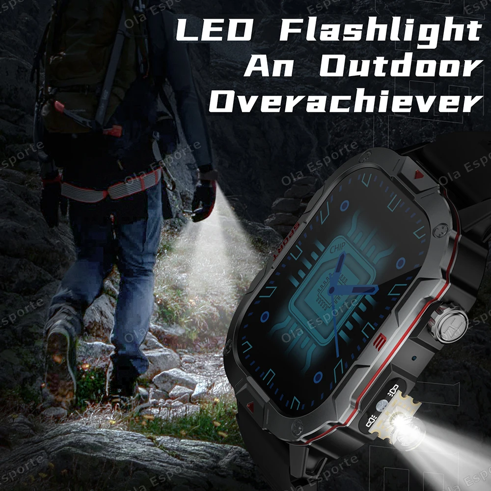 남자 스마트 시계 블루투스 통화 수면 심박수 건강 모니터 야외 LED 손전등 안드로이드 IOS에 대한 방수 스포츠 시계