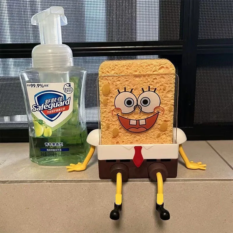 4 buah/set sikat cuci piring SpongeBob, spons perlengkapan dapur rak pengering sikat piring pembersih bantalan gosok dapat digunakan kembali