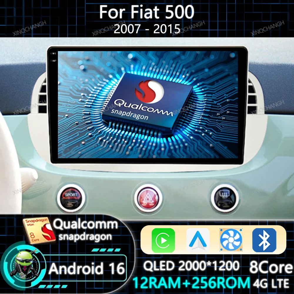 Android 16 Car Radio For FIAT 500 2007 - 2015 Head Unit 4G WIFI Multimedia Stereo Video Player 2DIN Carplay Auto BT Qualcomm GPS