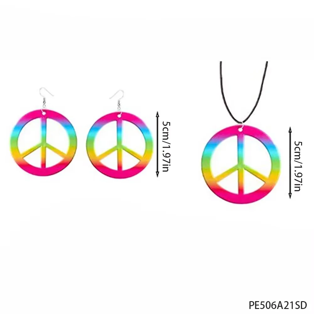 PESENAR 1960er Jahre Stil Regenbogen Friedenszeichen Schmuckset Halskette und Ohrringe für Retro Vintage Hippie Kostüm Party Zubehör