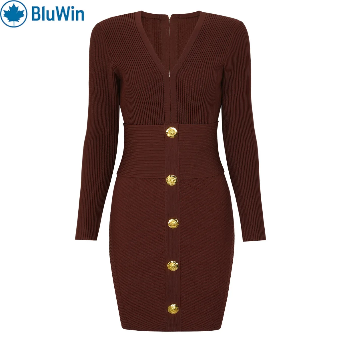 

BluWin Bandage Knit Bodycon Dress Women V Neck Long Sleeve Waist Panel Gold Button Slim Fit Cocktail