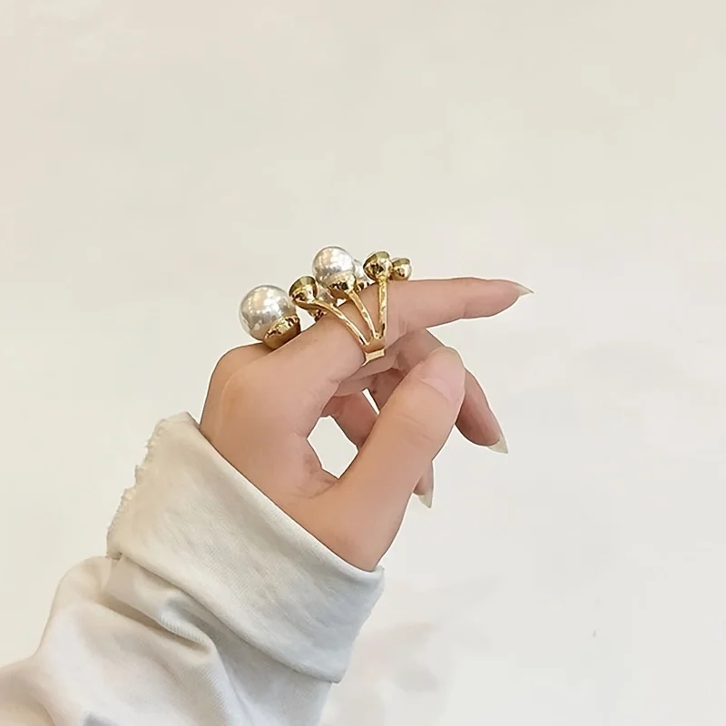 French Exquisite Shining Inlaid Zirconia Imitation Pearl Adjustable Ring Ladies Gentle Temperament Holiday Jewelry Gifts