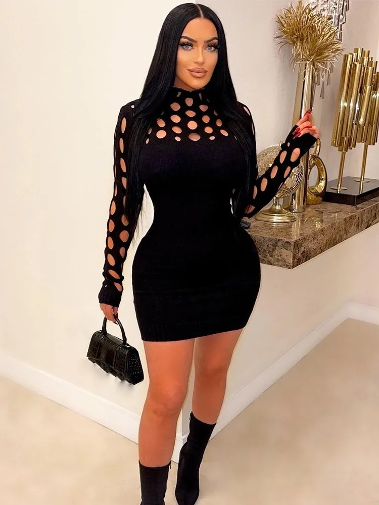 여성 패션 섹시 니트 드레스 속이 비치는 긴팔 바디콘 비치 파티 미니 드레스 우아한 화이트 캐주얼 휴가 드레스