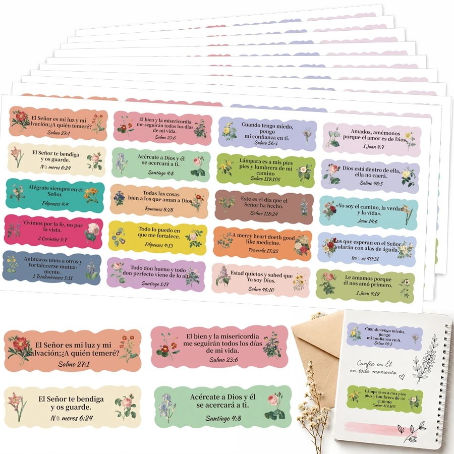 200 Pcs Spanish Bible Verse Stickers, Christian Scripture Quote Labels, 20 Designs Floral Faith Stickers for Journals