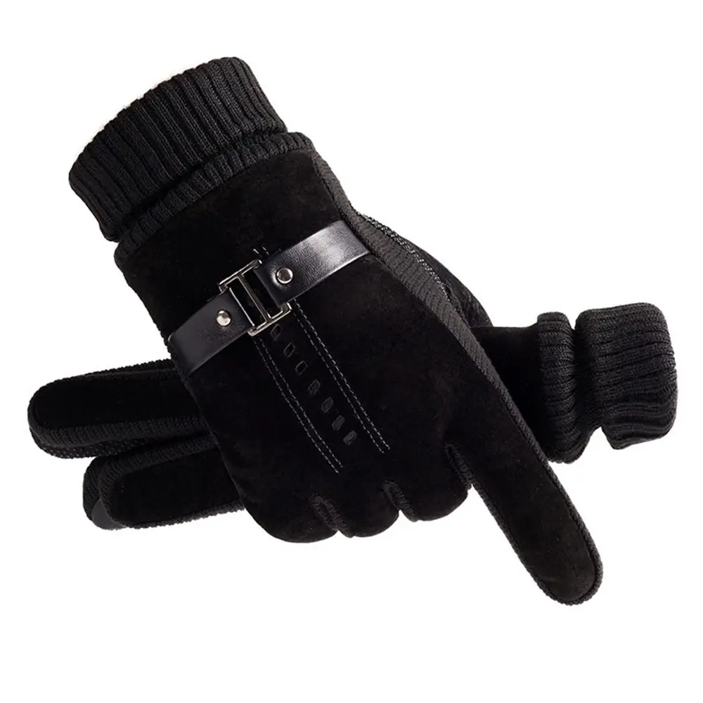 

For Male Five Fingers Warm Thicken Non-slip Windproof Riding Glove Suede Korean Mittens Winter Gloves PU Leather Men Gloves