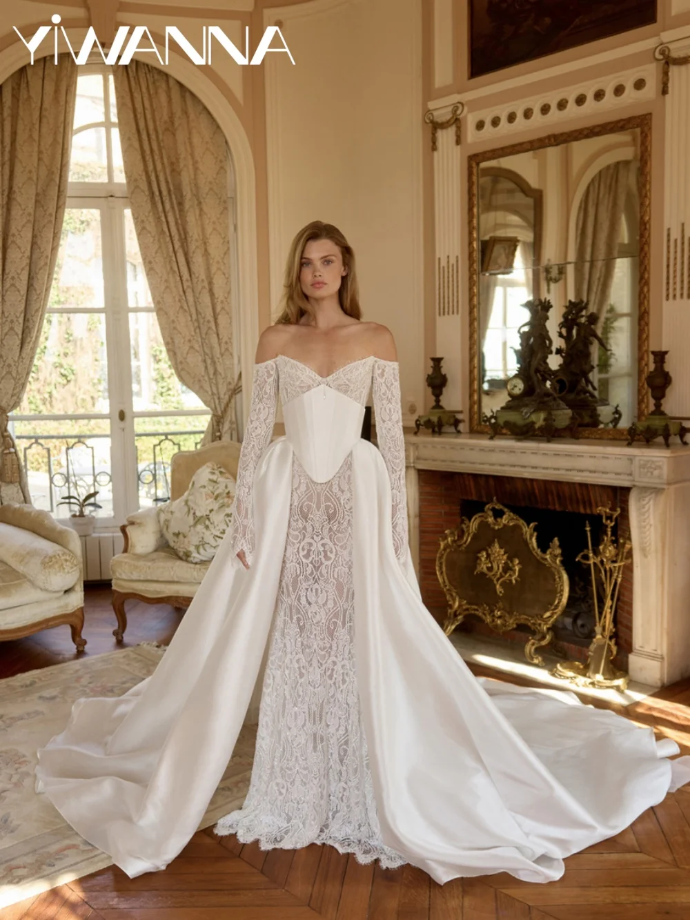 

Detachable Train Lace Beaded Wedding Dress Off Shoulder Illusion Long Bridal Gown Customized Dreamy Mermaid Dresses For Bride