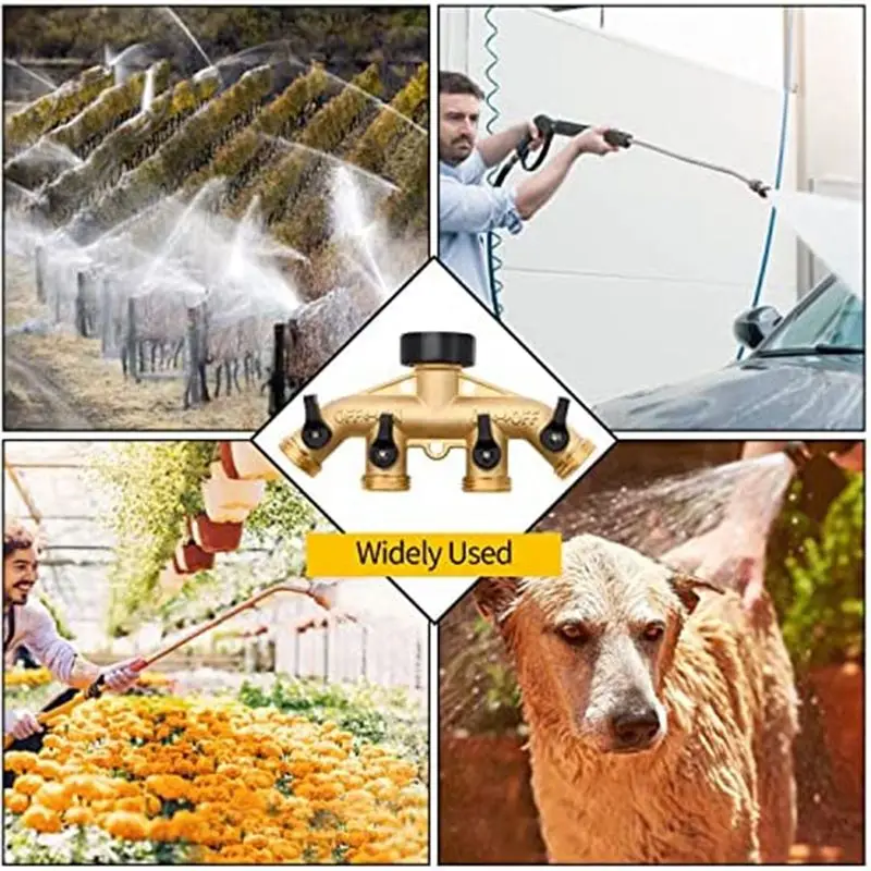 ABNQ 4 Way Brass Hose Splitter, 3/4inch Brass Hose Faucet Manifold, Garden Hose Connector Tap Splitter, Solid Brass-Yellow
