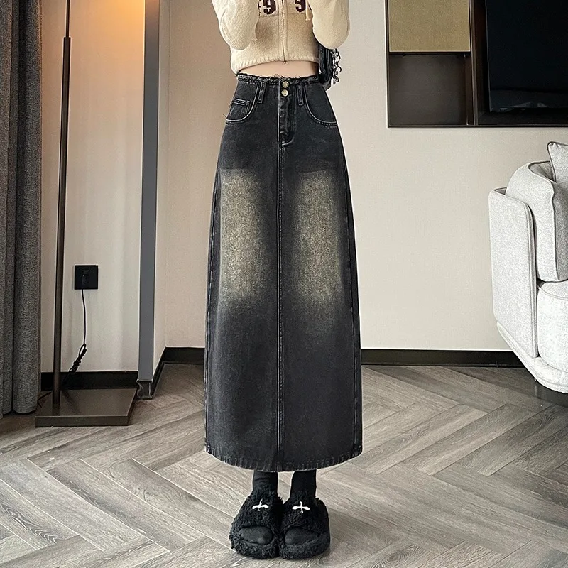 

Vintage Black Split Denim Half Skirt Women Summer Autumn High-waisted Long Skirt A-line Straight Package Hip Jeans Skirt Female