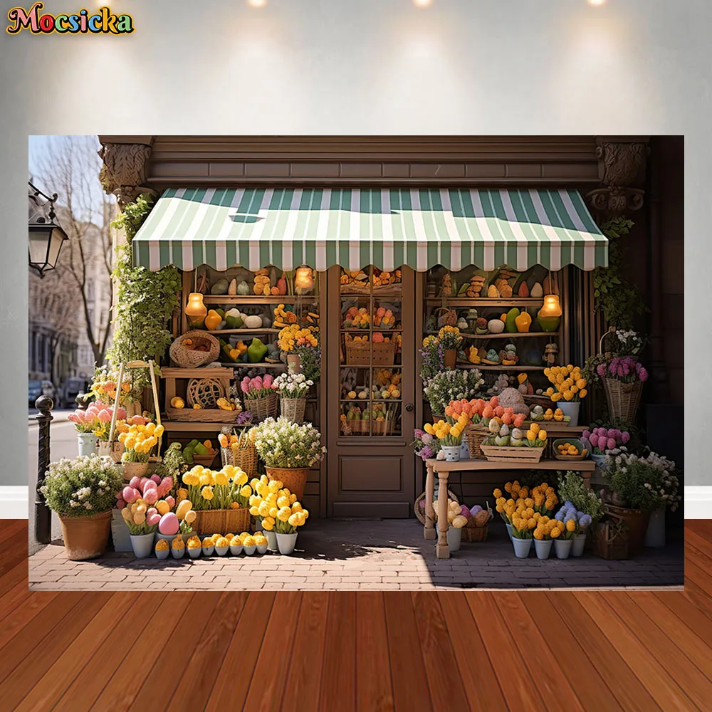 Mocsicka Spring Flower Shop Photography Backdrop Easter Bunny Tulip Garden Colorful Eggs Kids Birthday Portrait Photo Background