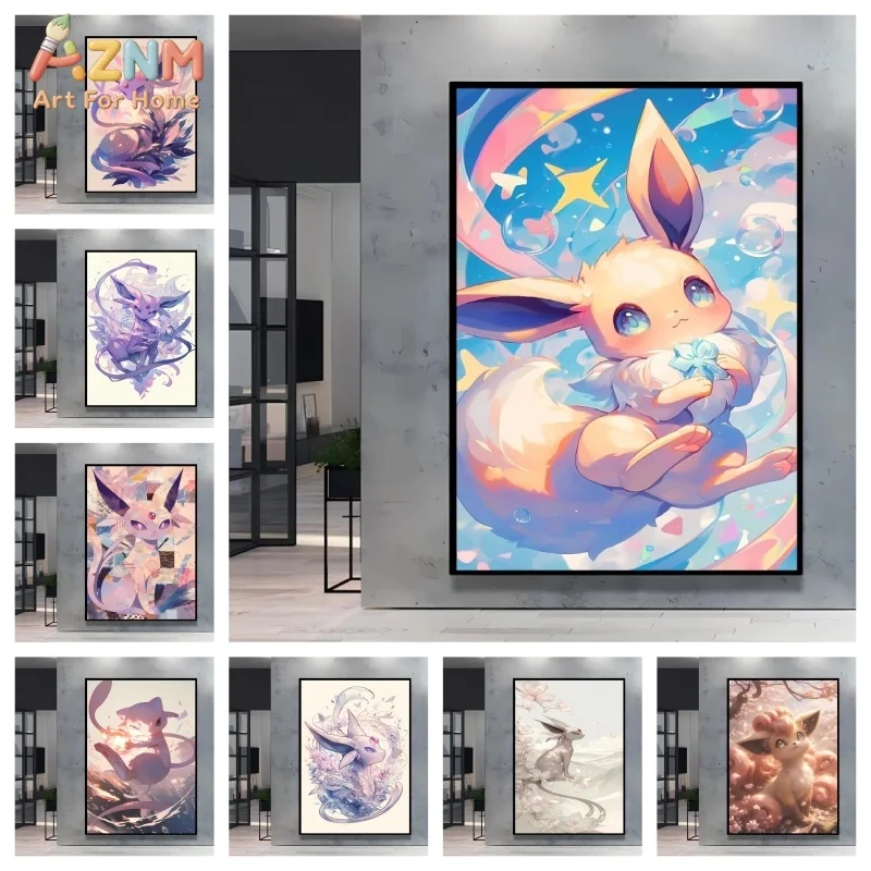 AZNM Cute Fantasy Eeveelution Pokemon Canvas Wall Art, Colorful Eevee Espeon Anime Poster, Frameless Wall Print for Girls Bedroo