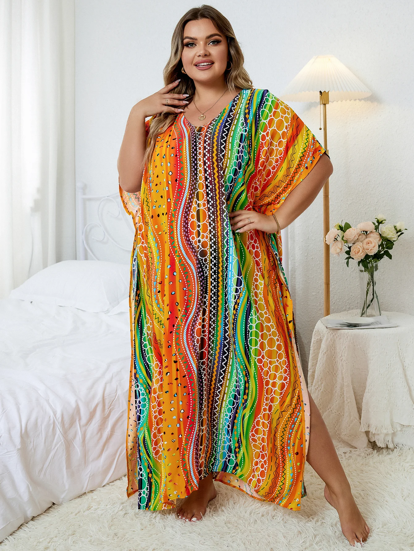 2024 Boho Printed Kaftan Casual Summer Clothing Women Plus Size V-Neck Batwing Sleeve Beach Wear Maxi Dress Robe Sarong Q1476