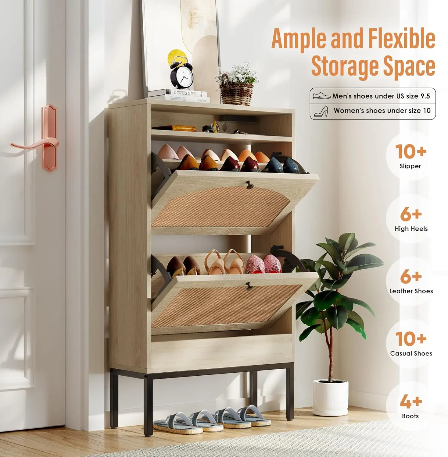 Shoe Cabinet, Shoe Storage Cabinet with 2 Flip Drawers, Slim Shoe Storage Rack with Charging Station for Entryway Hallway Living