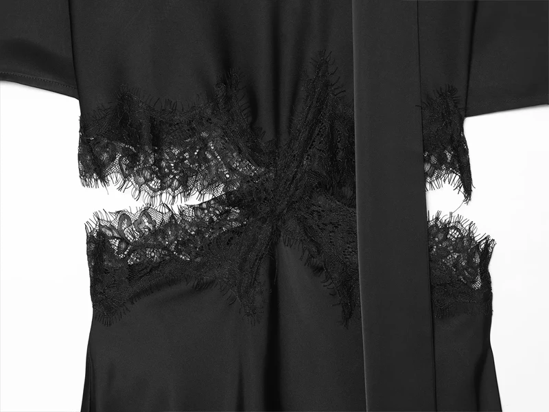 HXAO Spitzenkleider für Damen, Sommer, schwarzes Midi-Satin-Kleid, asymmetrisches, kurzärmeliges Kleid, elegantes, kokettes Partykleid – Detail 6