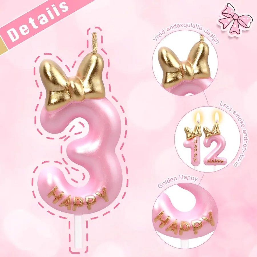 Birthday Number Candles Pink and Golden Bowknot Birthday Candles for Cake Glitter Number 1 Candle Cake Topper Decoration for Bo