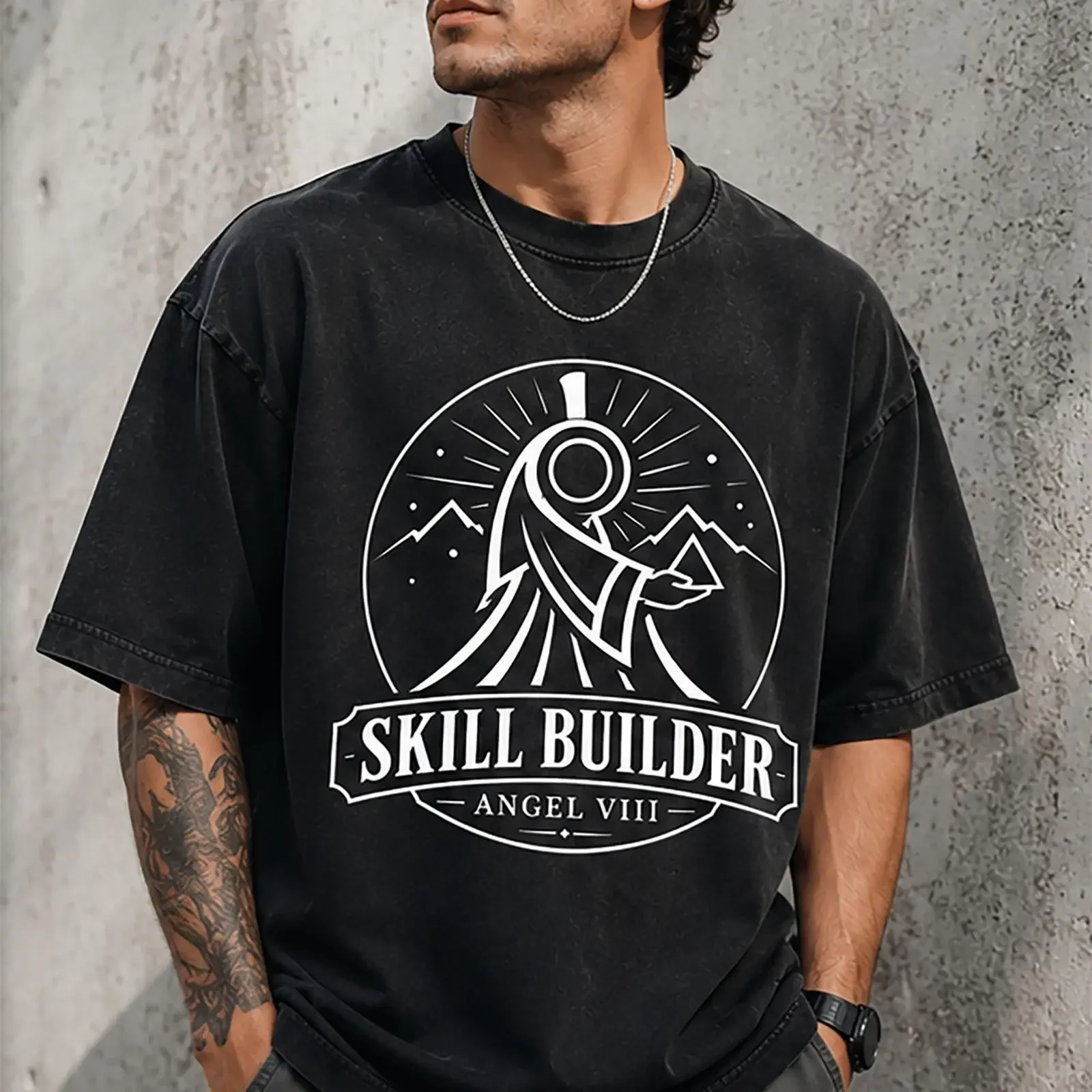 Skill Builder Angel VIII T Shirt Minimalist White Line Art  vintage Washed Versatile Slightly Soft Unisex homme Casual