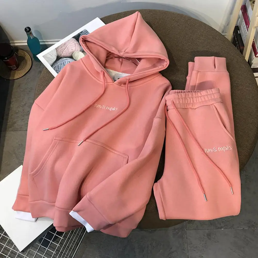 Top Trousers Set Shrinkable Hem Solid Color Women Hoodie Jogging Pants Suit Pockets Fleece Lining Casual Outfit Streetwear