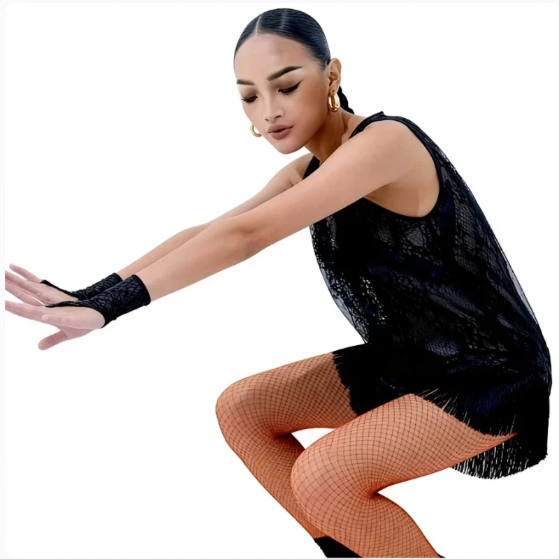 2025, Sommer-Latin-Tanzkleid für Frauen, schwarzes Leibchen-Kleid, sexy rückenfreier Quastenrock für Erwachsene, Cha Cha, Latin-Tanz-Trainingskleidung