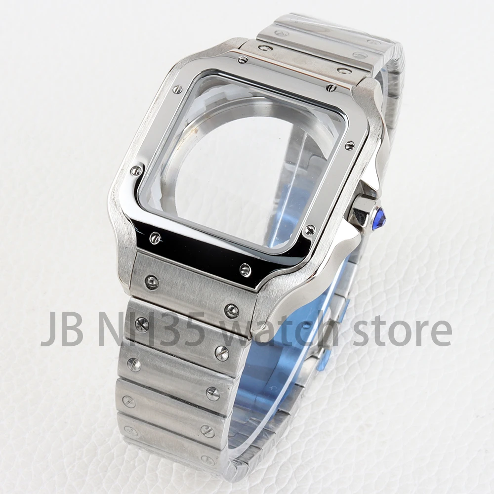 

38mm Silver Watch Case 21mm Solid Stainless Steel Watch Bracelet Waterproof Case for Santos NH35 NH36 NH38 Movement 27mm Dial