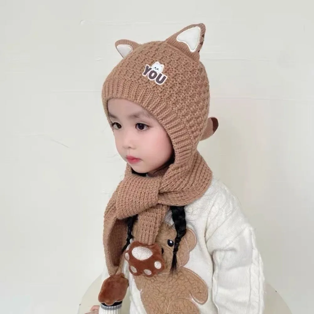 

Cute Knitted Integrated Hat Scarf Set Warm Coldproof Neck Warmer Windproof Ear Protection Hat 2-12Y
